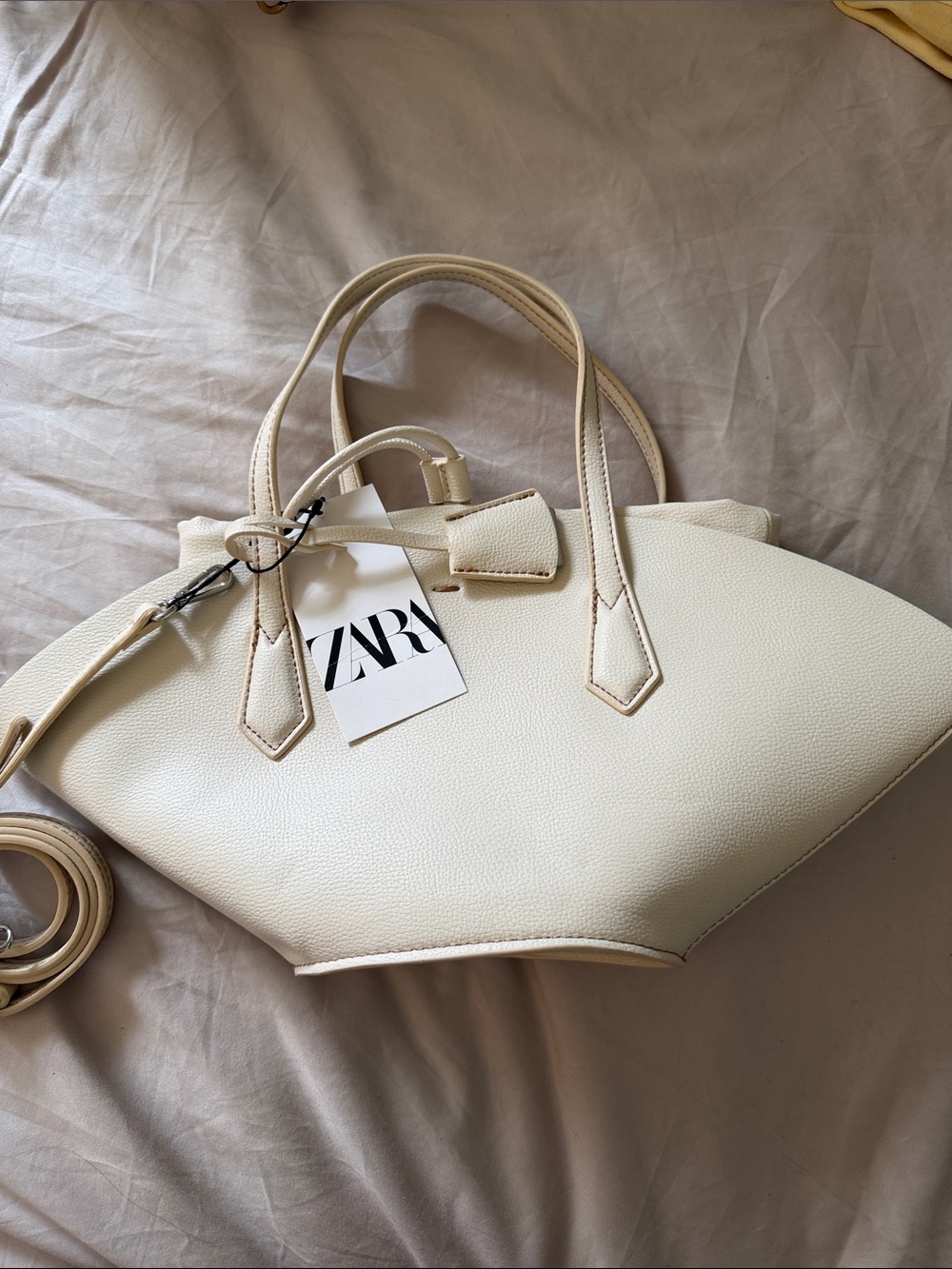 ZARA Cream Pebbled Satchel with Detachable Strap
